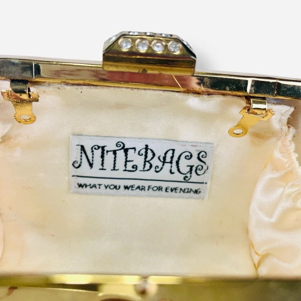 Vintage Nite Bags Gold Hard Shell Clutch Emerald Shape‎ Bar Rhinestone Clasp